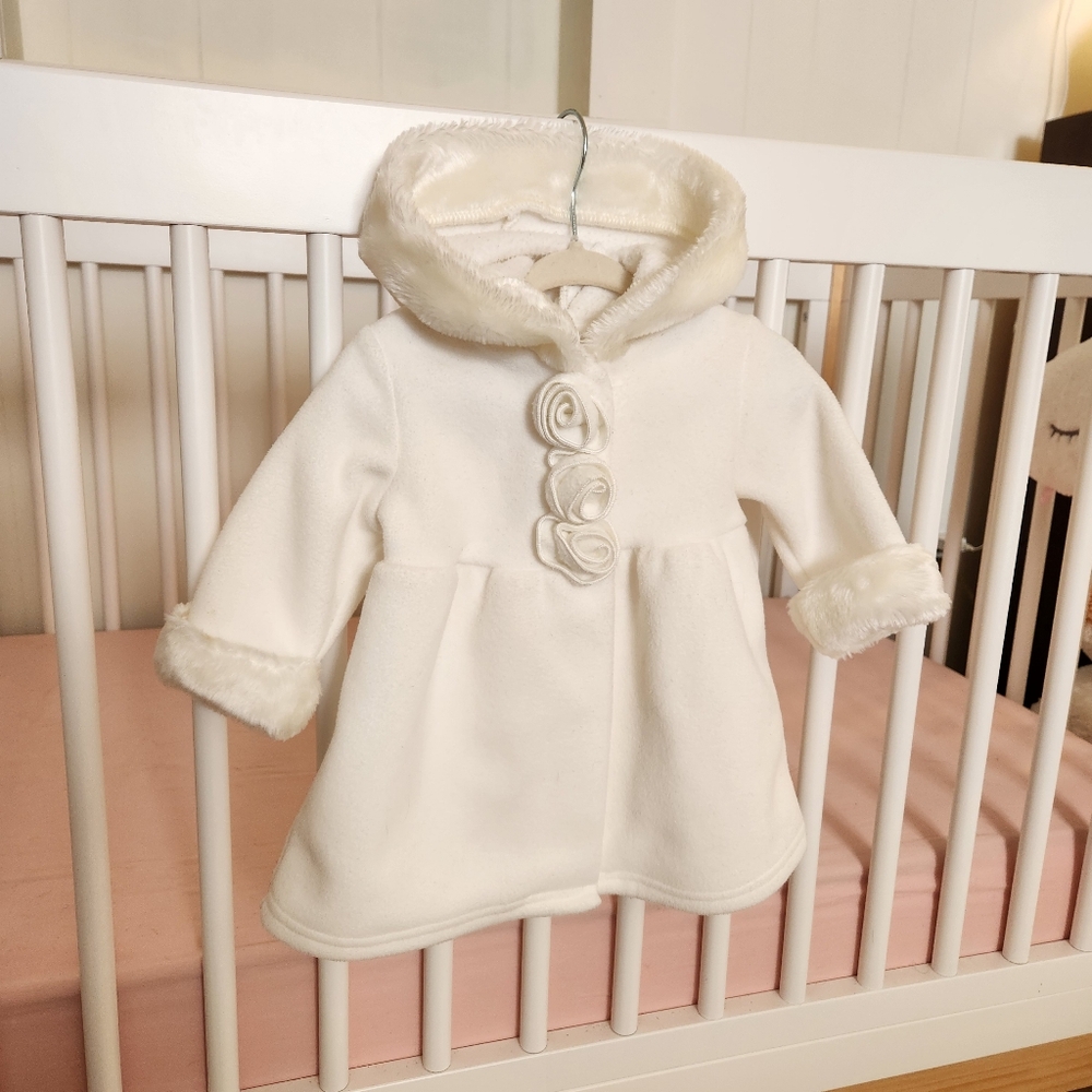 Starting Out White Hooded Baby Coat Jacket with Flower Embellishment, Size 6M